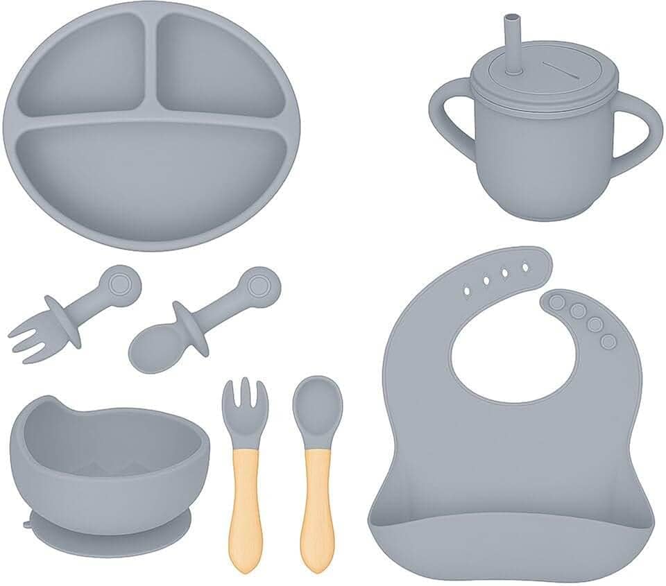 Kit Introdução Alimentar Bebê 8 Peças Silicone – Livre de BPA, Atóxico, Antibacteriano – Colher, Garfo, Copinho, Pote e Pratinho – Seguro, Colorido e Flexível (Cinza)