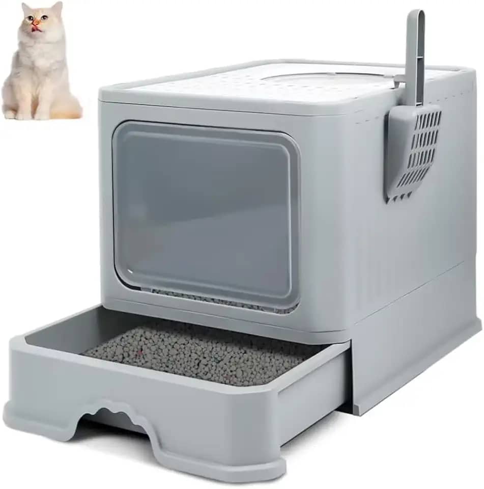 Caixa de Areia para Gatos, 50x40x40CM, Cinza, Fechada, Grande Capacidade, Porta Transparente de Abertura Dupla