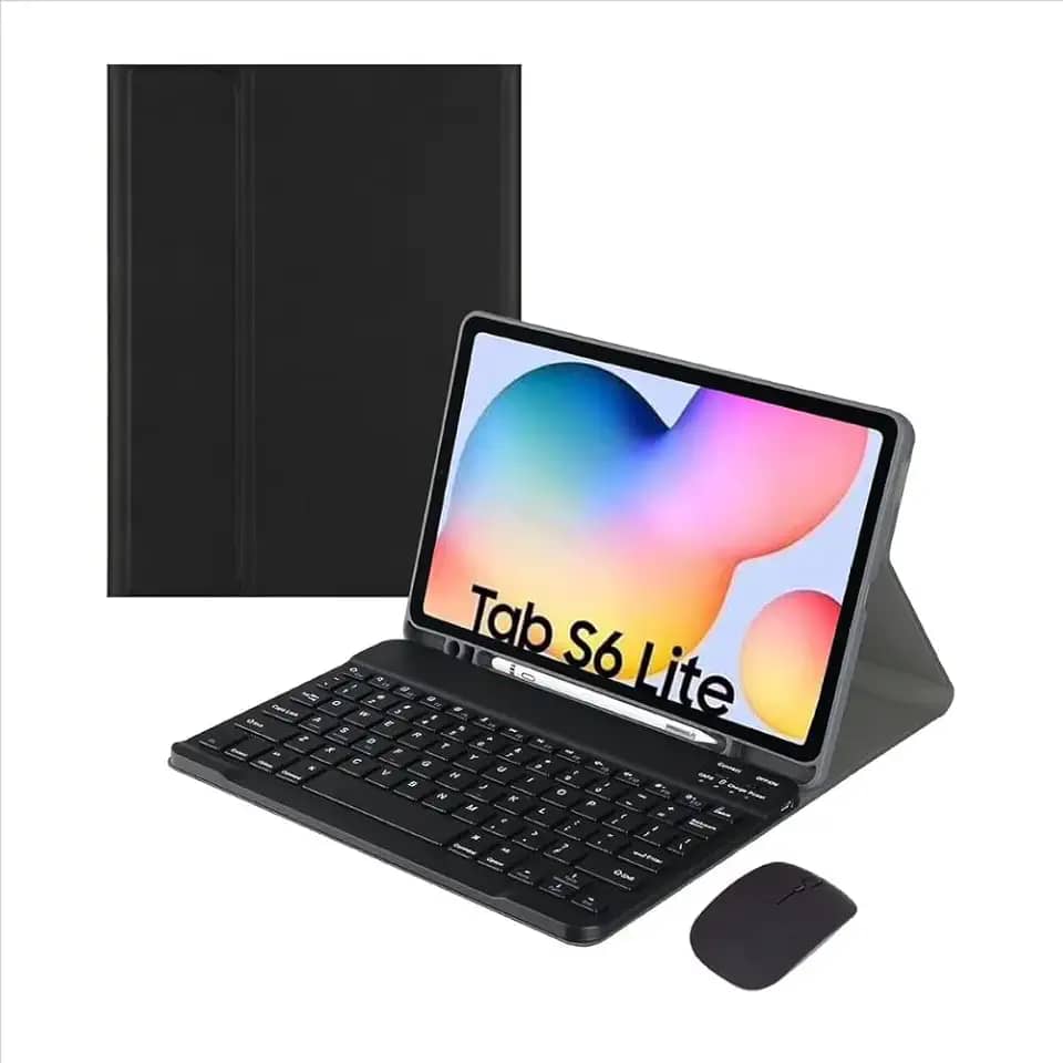 Capa de Couro Sintético Dupla Proteção com Teclado Bluetooth e Mouse para Galaxy Tab S6 Lite (Preto)