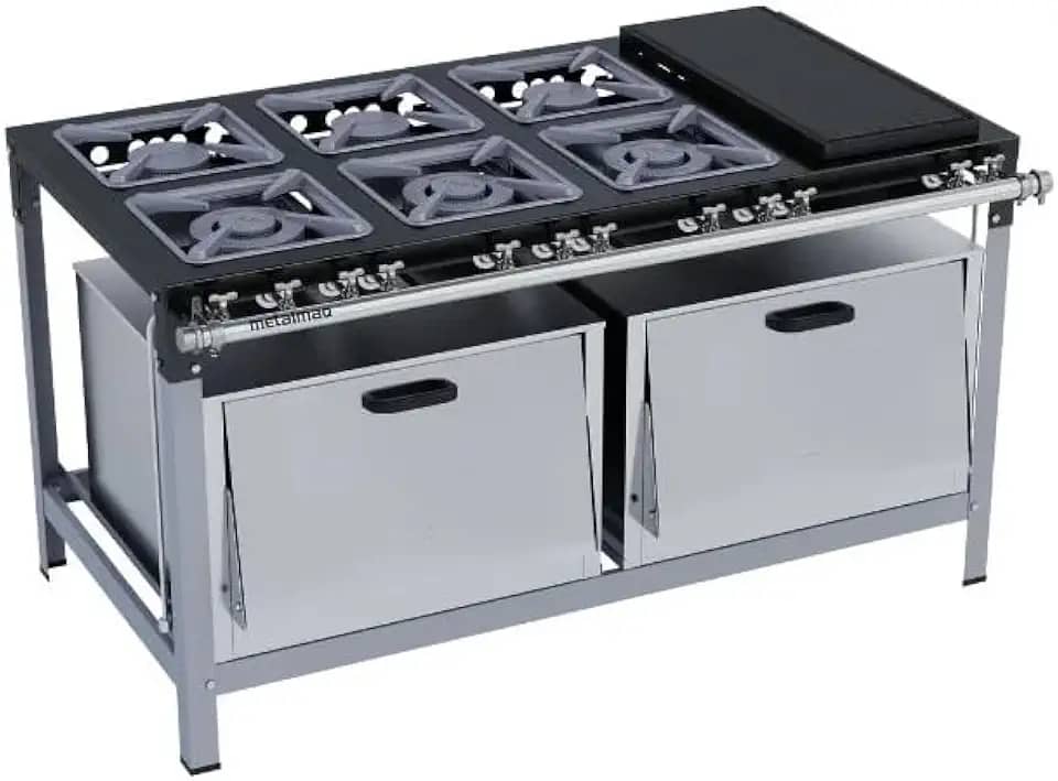 Fogão Industrial Profissional 6 Bocas com Chapa, 2 Fornos Luxo, Estrutura em Aço Inox, 30x30cm