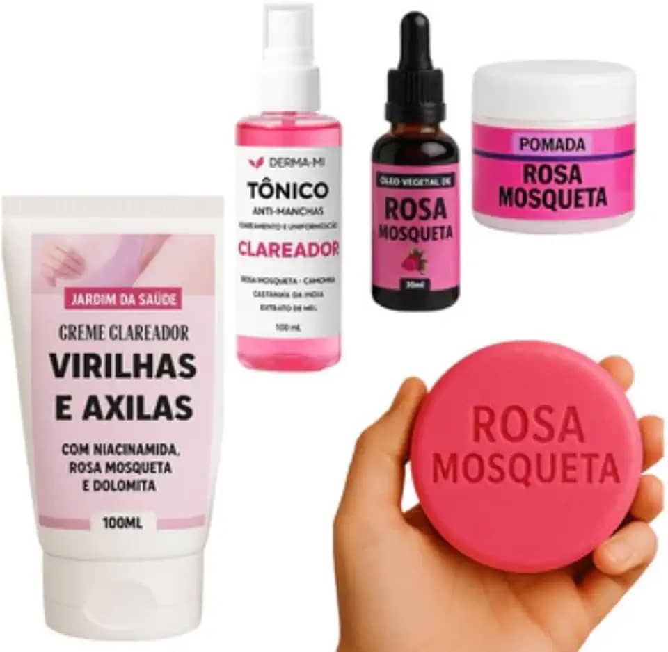 Kit Rosa Mosqueta com Creme Clareador | Óleo + Tônico + Sabonete + Pomada + Creme para Virilhas e Axilas