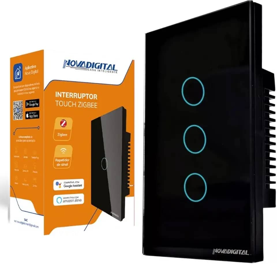 Interruptor Zigbee 3 Botões Led Touch Tuya Google Alexa Preto