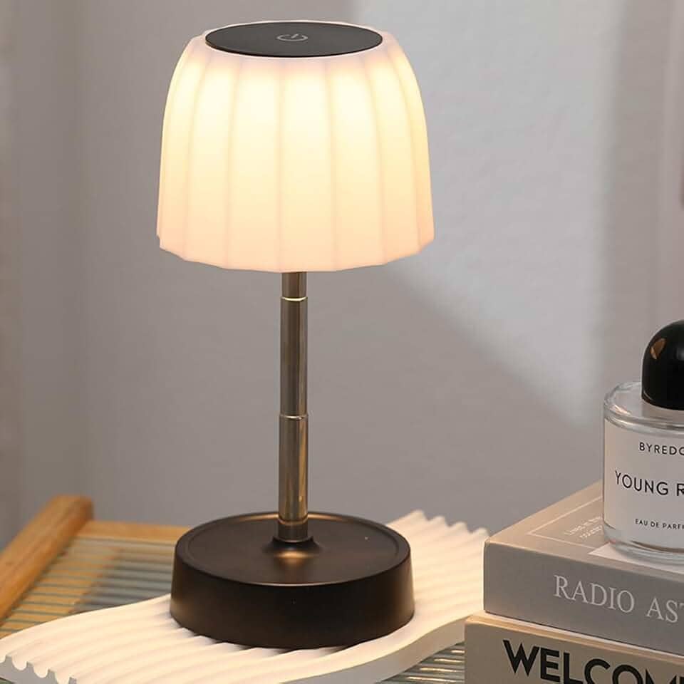 Luminária de Mesa LED Touch, Retrátil, Recarregável, 3 Temperaturas de Cor, Base Preta, Cúpula Branca (Forma C)