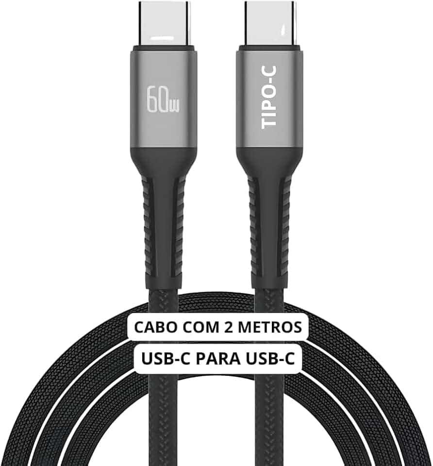Cabo USB-C 2 metros Tipo C Turbo 60W Ultra Rapido Nylon Trançado e Reforçado Android e Iphone Notebook Tablet Qualidade Premium Carregamento Transferência de Dados