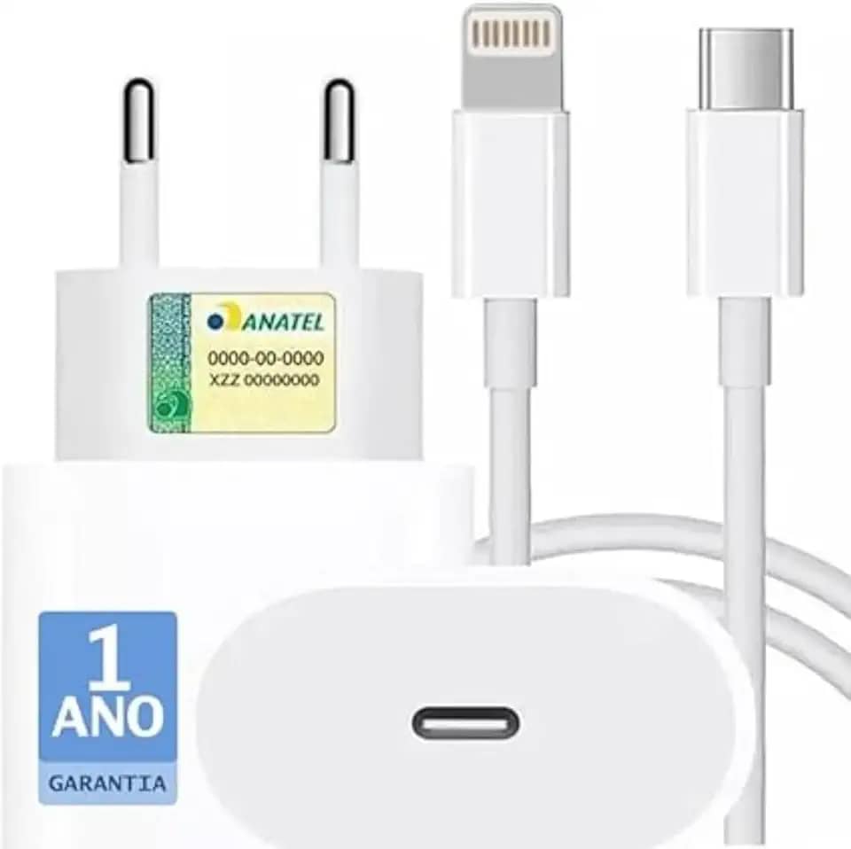 Kit Carregador Turbo Compativel C/Iphone, Cabo Usb-C-Lightning + Fonte Carregador 25W Ultra Rapido Compatível iPhone X Xr SE 11 12 13 14 Premium Protect SYSTEM (Certificado: 20798-22-13363)