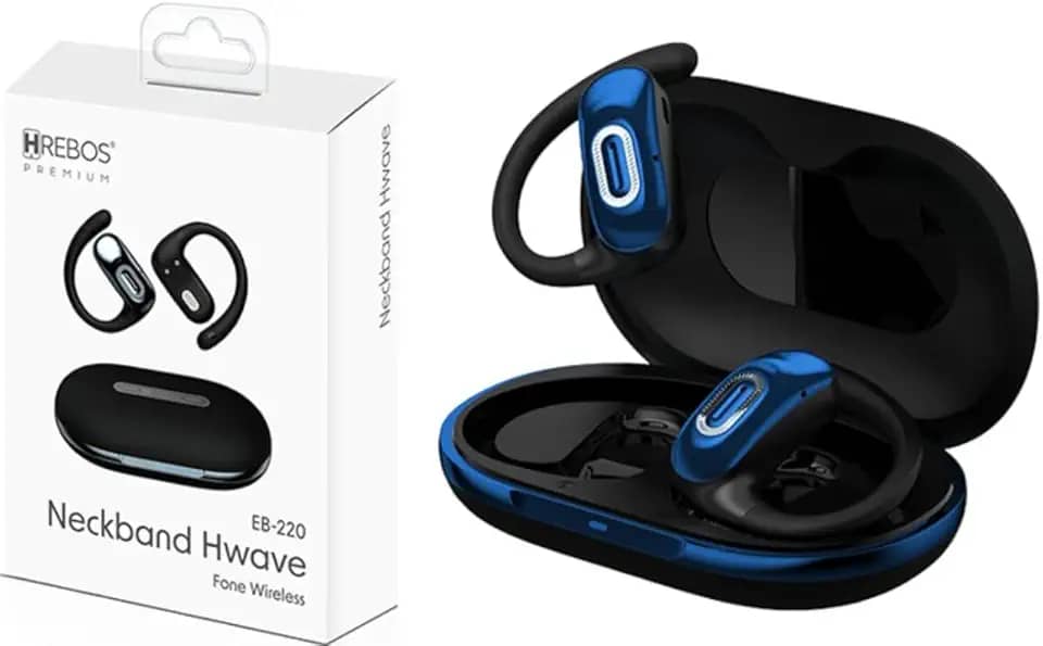 Fone de Ouvido Bluetooth Neckband HREBOS EB-220 Hwave – Som Estéreo, Bateria 50mAh + 500mAh, Carregamento USB-C, Encaixe Esportivo Confortável para Android e iOS