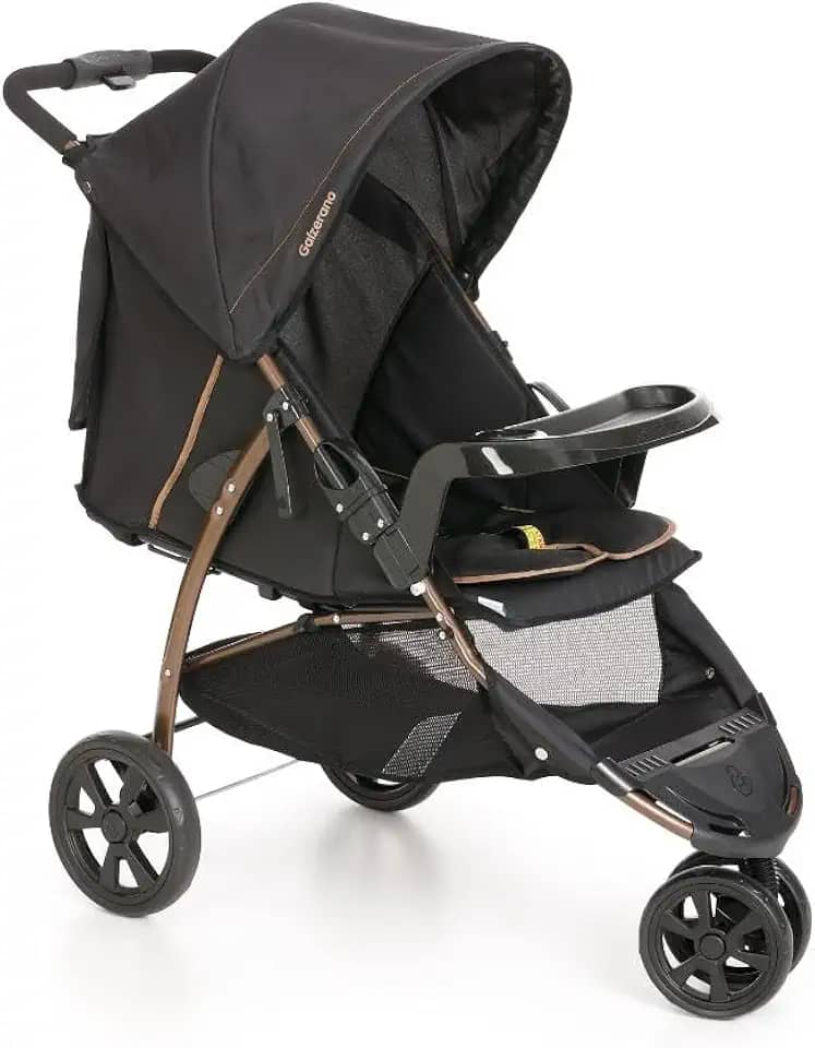 Carrinho de Bebê Passeio Reclinável Berço 3 Rodas de 0 Até 15kg Cross Trail Preto Cobre Galzerano