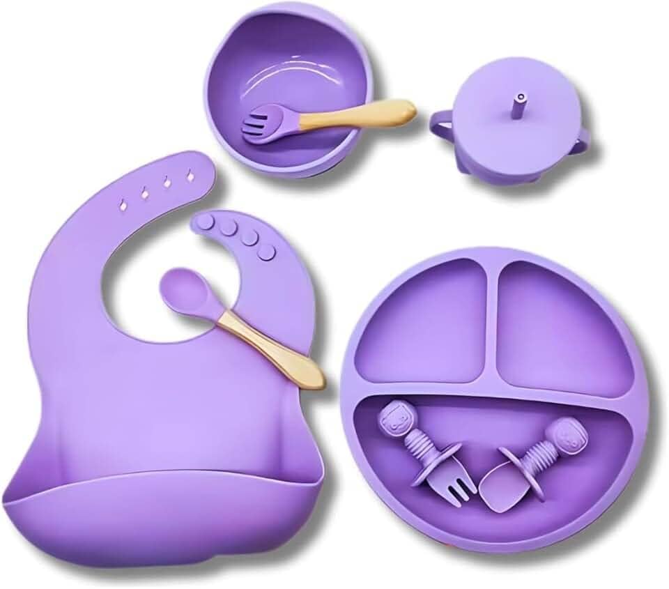 Kit Introdução Alimentar Bebê 8 Peças de Silicone e Sem Pontas para Iniciação de Alimentos Livre de BPA Atóxico - Colher, Garfo, Copinho, Pote e Pratinho - Linha Premium (Kit Roxo)
