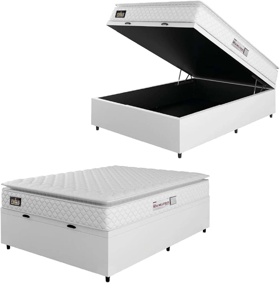Cama Box Baú Colchão Espuma D33 Pillow Top New Millenium Branco Hellen – Suporta Até 120 Kg Por Pessoa (Casal 138x188x60cm)