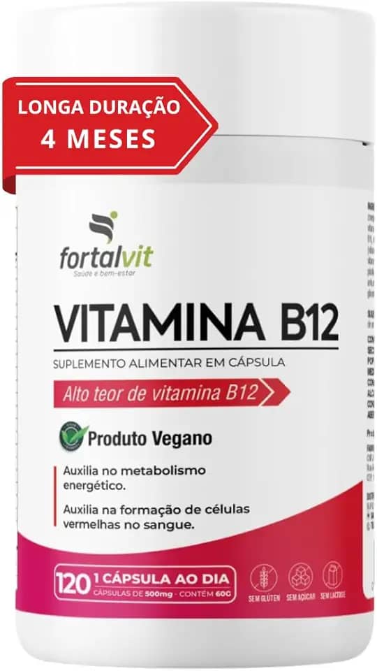 Vitamina B12 Ativa (metilcobalamina) Longa Duração: 4 Meses de Uso, Cápsulas Vegana, 120 Cápsulas,Fortalvit