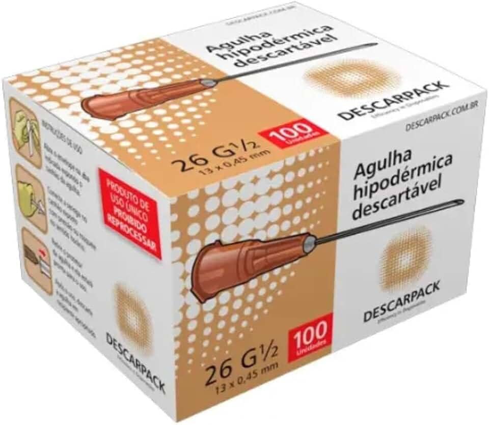 Agulha Hipodérmica 26G 13x4,5mm Descarpack | Caixa com 100 Unidades