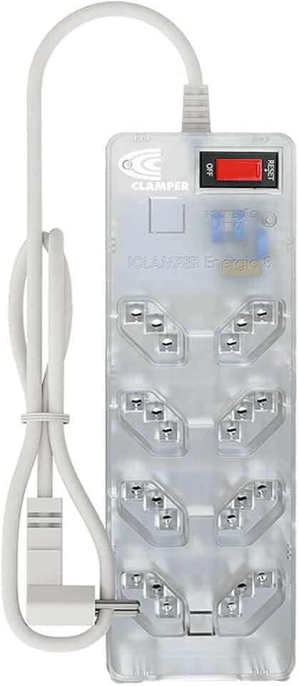 Filtro de Linha iCLAMPER Energia 8 com Proteção contra Surtos Elétricos(DPS) 8 Tomadas, 3 Pinos, 10 Amperes para PC, Notebook, Monitor, Impressora, PS5, Alexa e etc, Bivolt, Cabo de 1m Transparente