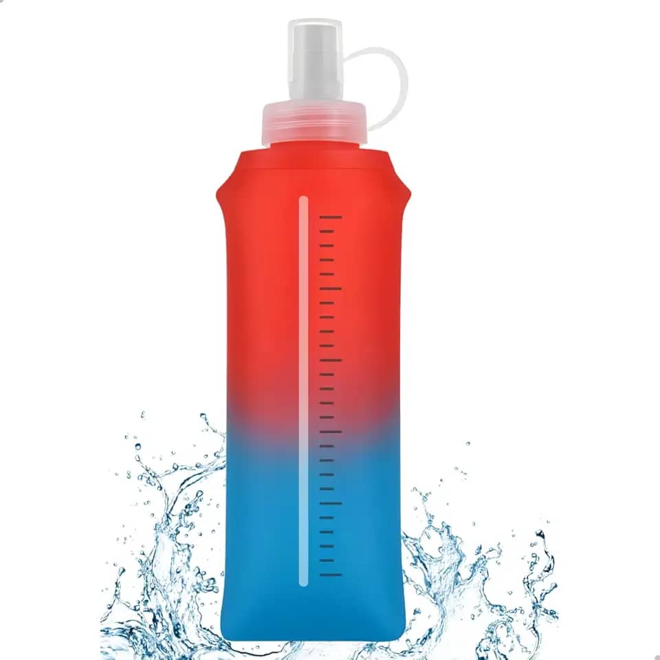 Garrafa de Água Dobrável 500ml Corrida Portátil Esportiva Flexível Silicone Bico Antivazamento BPA Free Bike Ciclismo Camping (Azul/Vermelho)
