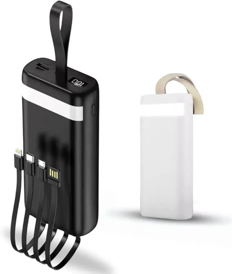 Carregador Portátil Power Bank 20000 mAh Turbo Carregamento Rápido 3.1A, Powerbank com 4 cabos Integrados (USB-C, USB, Lightning) Led Bateria, Lanterna. Compatível com Android e IOS - Premium (Preto)