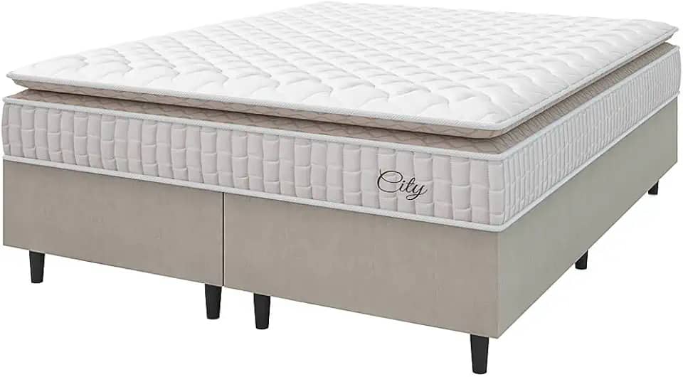 Cama Box Colchão Casal Queen Molas Ensacadas City Pillow Top 158x198x61cm Branco/Bege Hellen - Suporta até 110kg por Pessoa