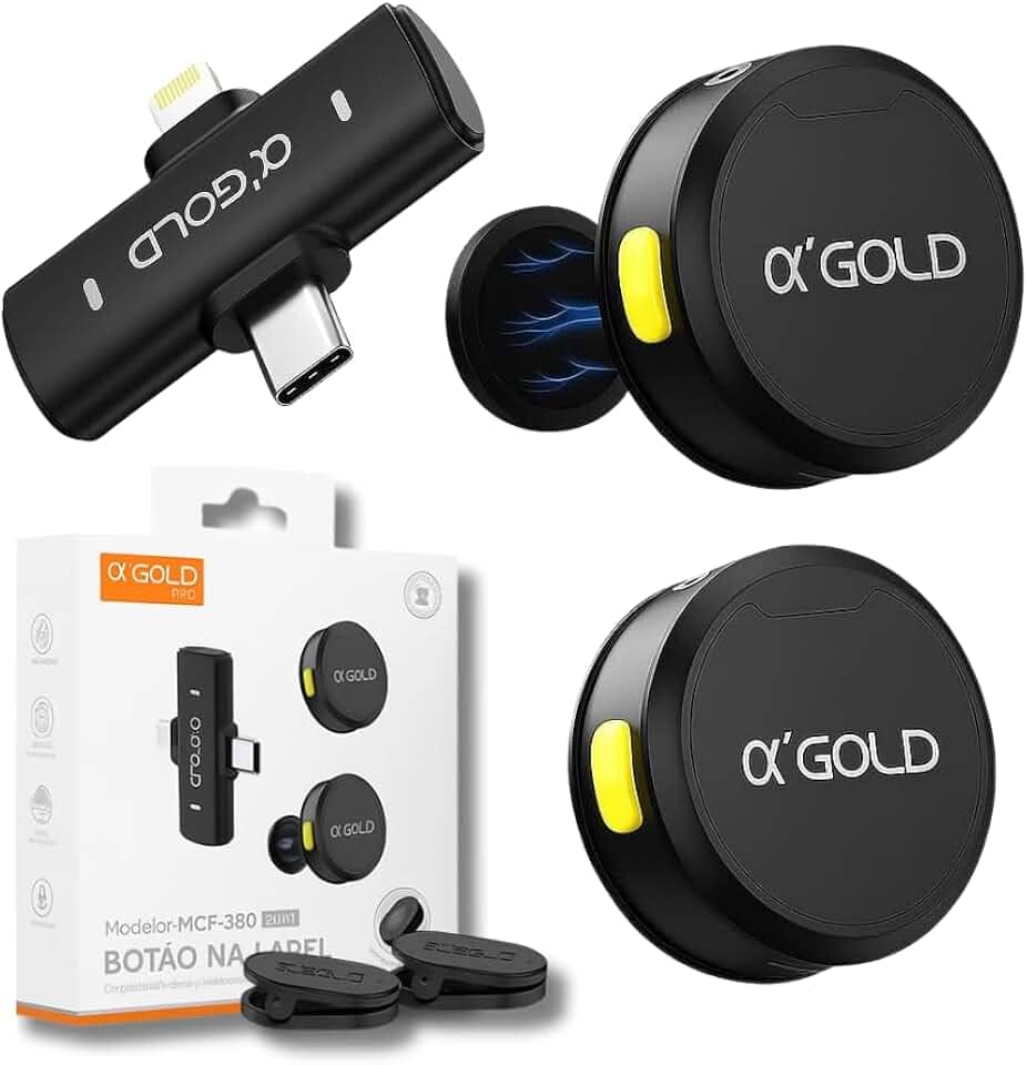 Microfone de Lapela Duplo Sem Fio α’GOLD Premium – Áudio Profissional, Cancelamento de Ruído, 10h Bateria, Compatível com iPhone e Android USB-C, Ideal para Vídeos, Lives e Podcasts