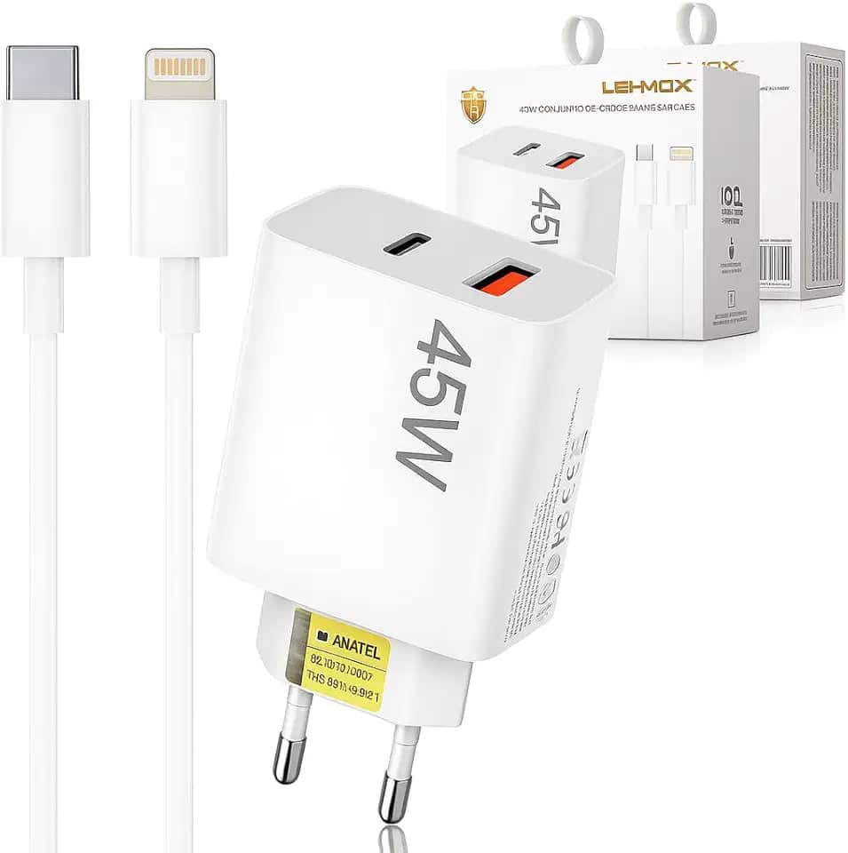 Carregador Iphone Super Turbo 45W - 2 Saídas USB-C e USB-A, acompanha Cabo Lightning Emborrachado de 1M Ultra Rapido (Tipo-C para IOS), Compatível com iPhone 8 ao 14 - Certificado ANATEL