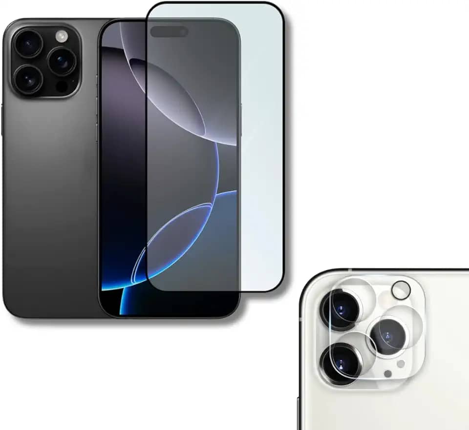 Película De Vidro 3D Tela Toda Para iPhone + Película Lente de Câmera (iPhone 16 Pro Max)