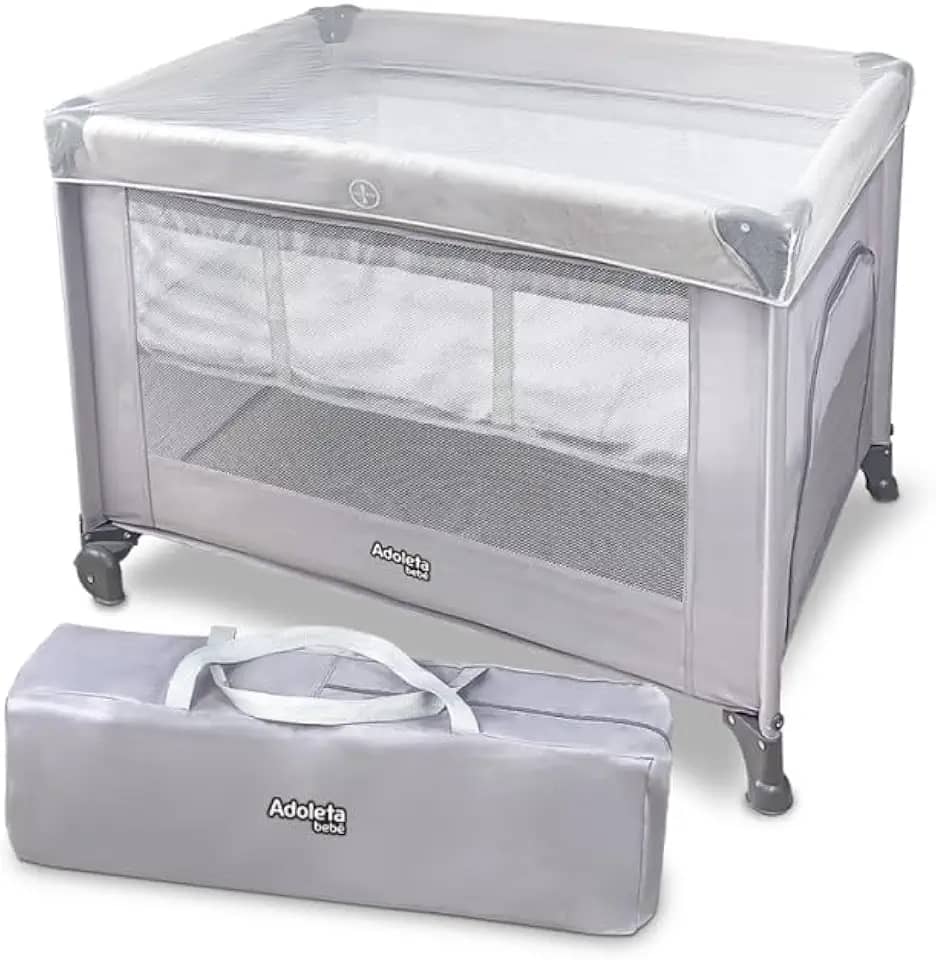 Berço Portátil Infantil Multifuncional Cercado com Mosquiteiro e Abertura Lateral (Cinza)