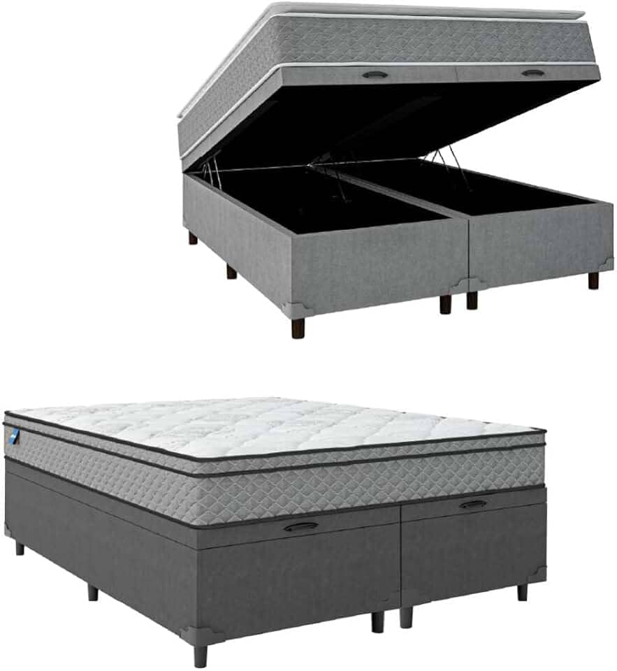 Cama Box Baú Casal Queen Colchão Molas Ensacadas Mirage 158x198x65cm Cinza/branco Umaflex - Suporta até 120kg por Pessoa