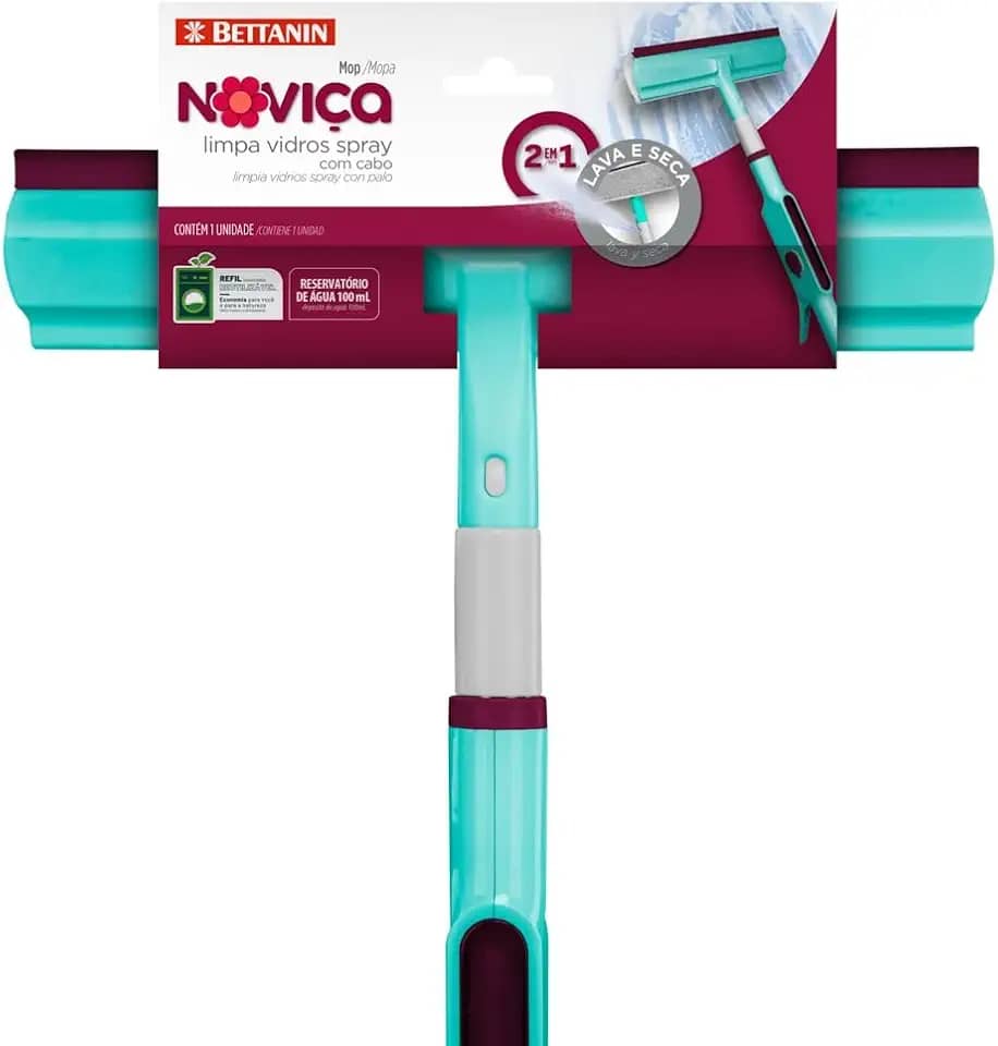 Noviça - Mop Limpa Vidros Spray 2 em 1: Lava e Seca com Reservatório de 100ml, Manta de Microfibra e Cabo, Bettanin