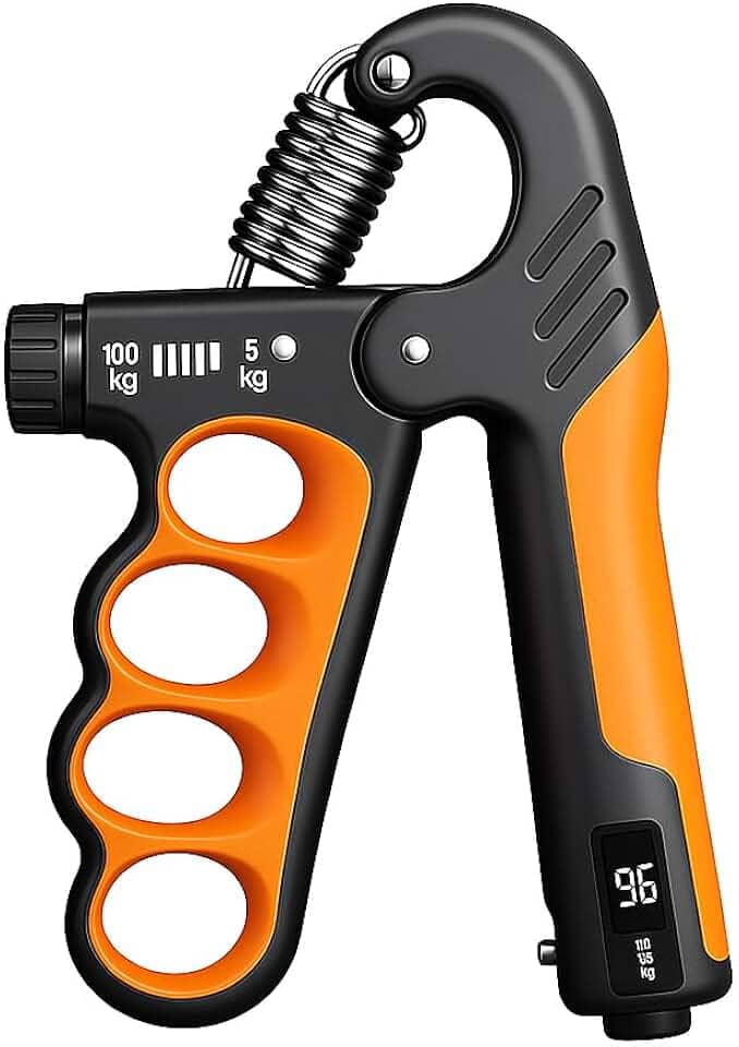 Hand Grip Ajustável de Exercício, Fortalecedor de Mão com Contador Digital, 5-100kg, Preto e Laranja, Equipamento para Musculação