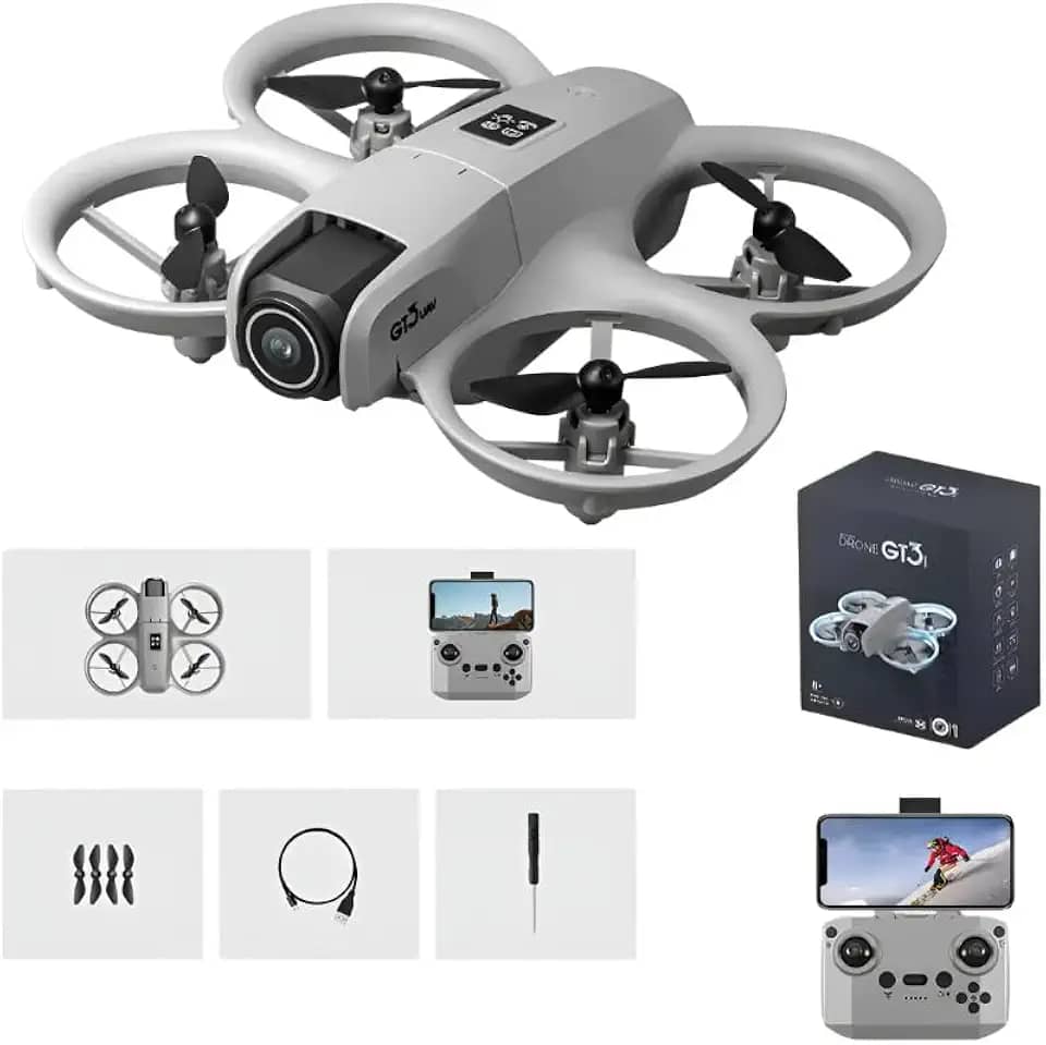 Mini Drone Gt3, Câmera Hd Evita Obstáculos 1 Bateria Cor Cinza, rolamento 360° inteligente para evitar obstáculos, decolagem/pouso, motor sem escovas faz manobra Led Rgb Com Controle de pouso
