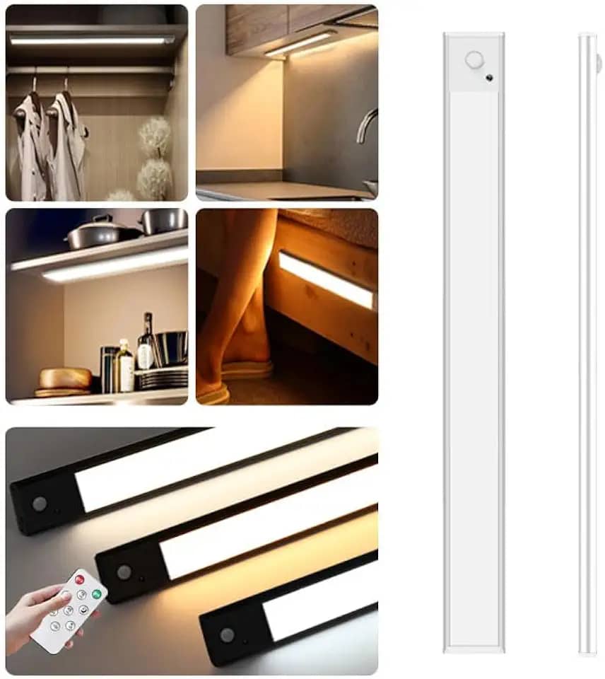 Luz de LED regulável em 3 cores com sensor de movimento, recarregável por USB, para cozinha, guarda-roupa, iluminação de quarto, 40CM (prata, modelo reto)