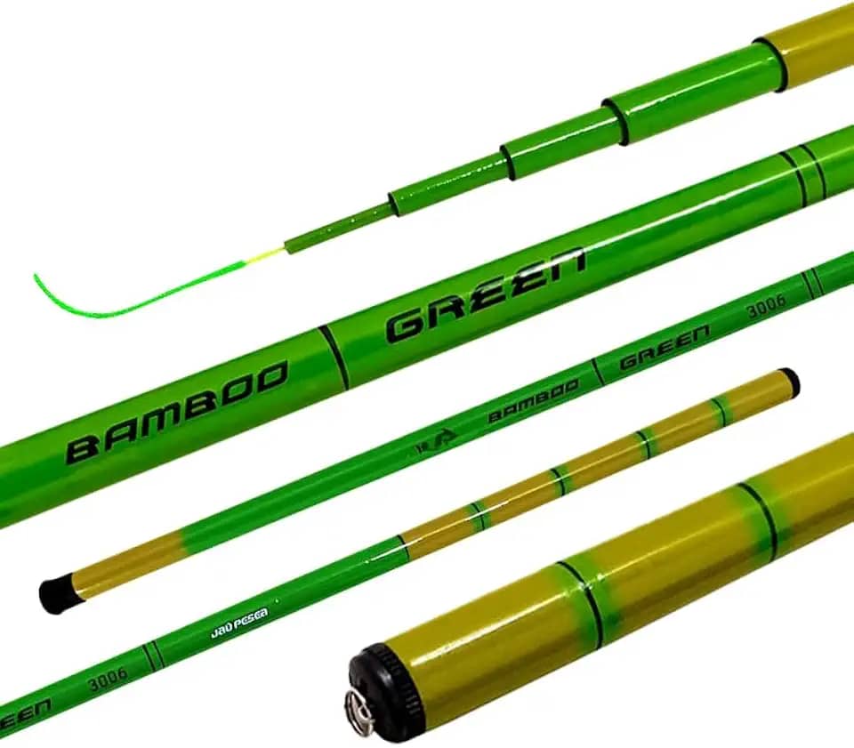 Jaú Pesca Vara Telescópica Bamboo Strong Green, Fibra de Vidro, 4kg Resistência, Ação Rápida