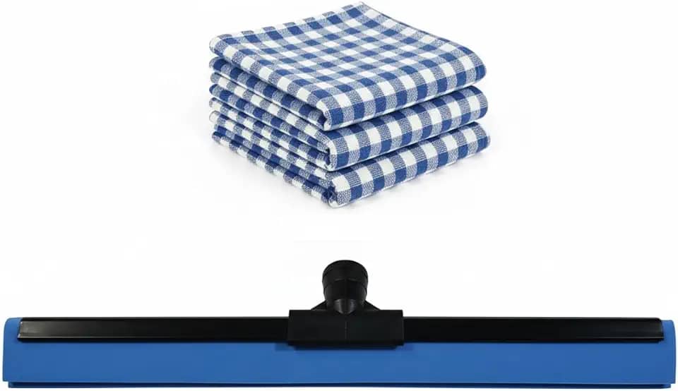 Kit Rodo de Limpeza de Metal 40cm com Borracha Dupla Camada + 3 Panos de Chão de Algodão Xadrez 45x65cm – Rodo Grande para Secar Piso Residencial e Profissional – Não Acompanha Cabo