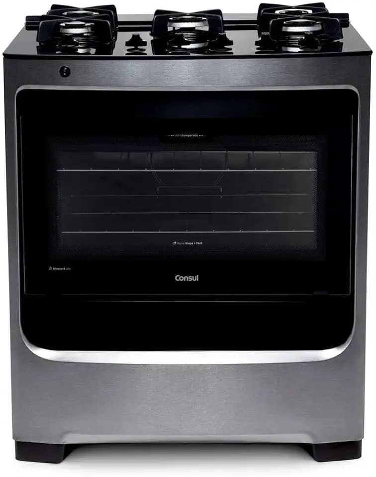 Fogão Consul 5 bocas cor Inox com mesa de vidro e grade de ferro fundido - CFS5VAR BIVOLT