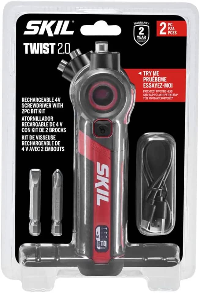 SKIL Chave de fenda Twist 2.0 recarregável de 4 V com cabeça giratória, configuração de torque, cabo de carregamento USB-C e conjunto de 2 bits SD5619-01