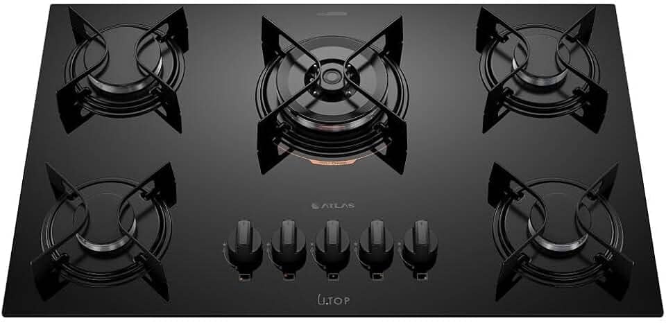 Cooktop 5 Bocas Preto com Mesa de Vidro e Tripla Chama Atlas U Top Bivolt