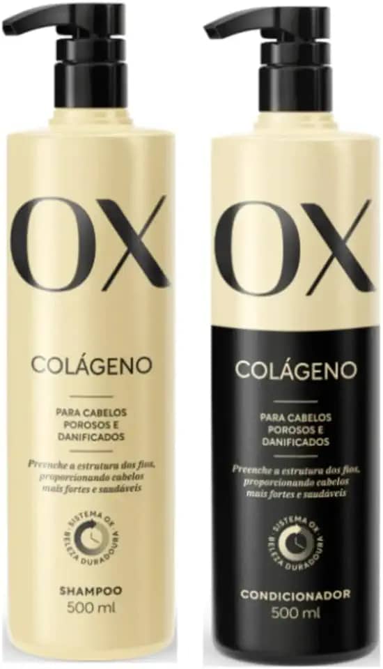 OX Colágeno, Kit Shampoo e Condicionador 500ml, Para Cabelos Porosos e Danificados, Tratamento Prolongado 120h