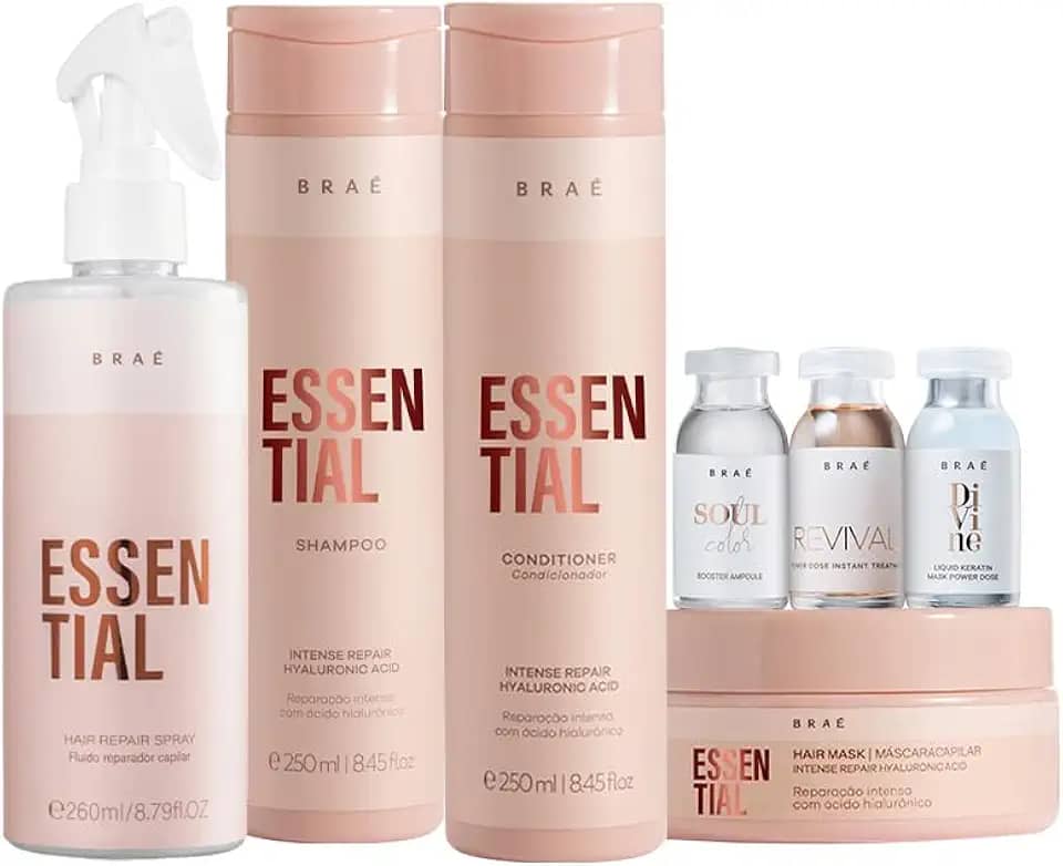 Kit de Cuidados com o Cabelo BRAÉ Essential Duo 250ml + Essential Hair Repair Spray 260ml + Máscara 200g + 3 Ampolas 13ml - Repara e Hidrata Cabelos Danificados e Fragilizados