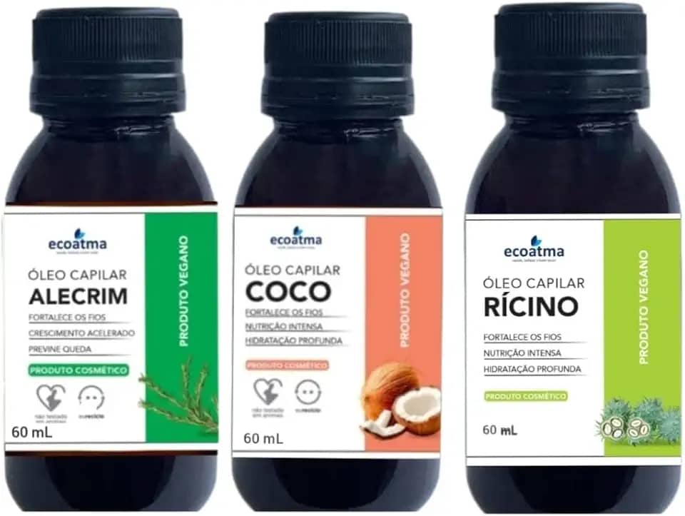 Kit Óleos Capilares Naturais, Rícino, Coco e Alecrim, 60ml cada, Fortalecimento e Hidratação Profunda