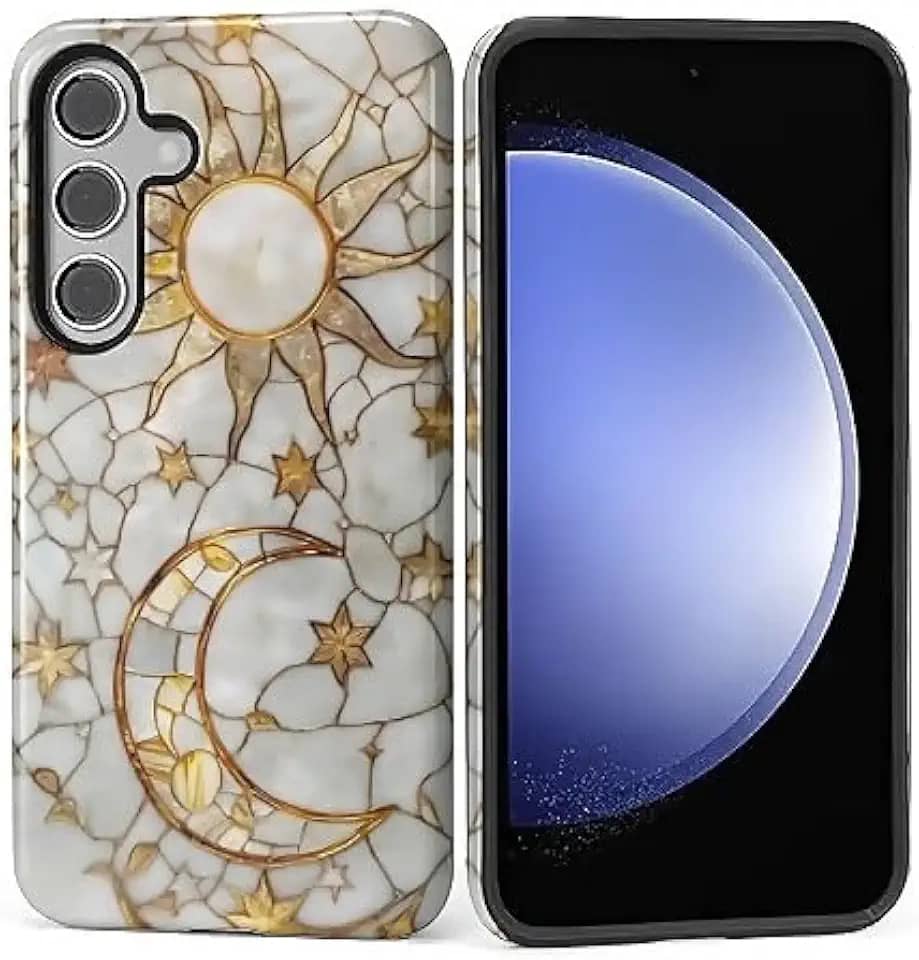 Capa para Samsung Galaxy S23 FE, capa rígida híbrida à prova de choque de silicone à prova de choque para Samsung Galaxy S23 FE branco texturizado linha sol lua padrão