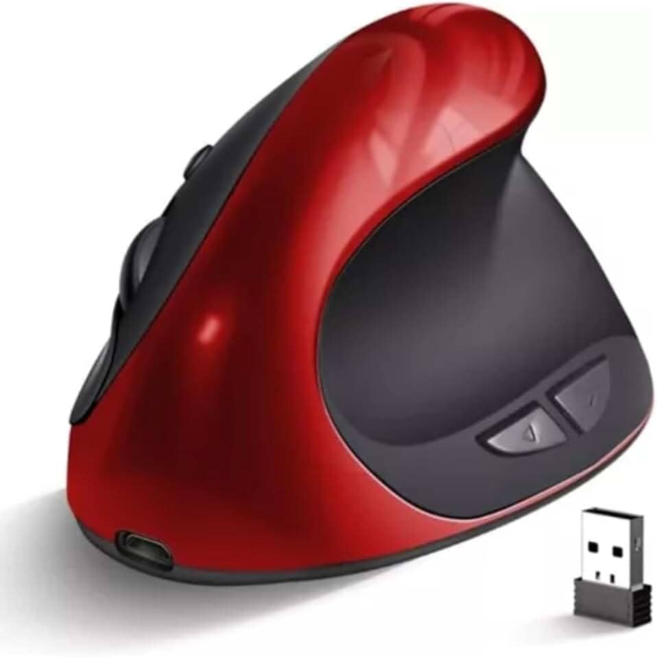 Mouse Vertical Ergonômico Sem Fio Recarregável DPI Ajustável USB 2.4G Compatível com Windows Mac Redução deTensão no Pulso Vermelho
