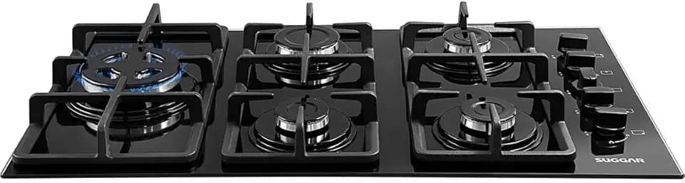 SUGGAR COOKTOP VIDRO PRETO 5 QUEIMADORES ESMALTADOS TREMPES FERRO FUNDIDO TRIPLA CHAMA LATERAL FG5335VP