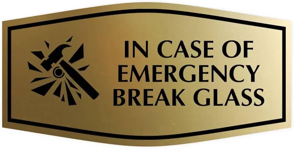 Signs ByLITA Placa de vidro extravagante em caso de quebra de emergência (ouro escovado) - Pequena