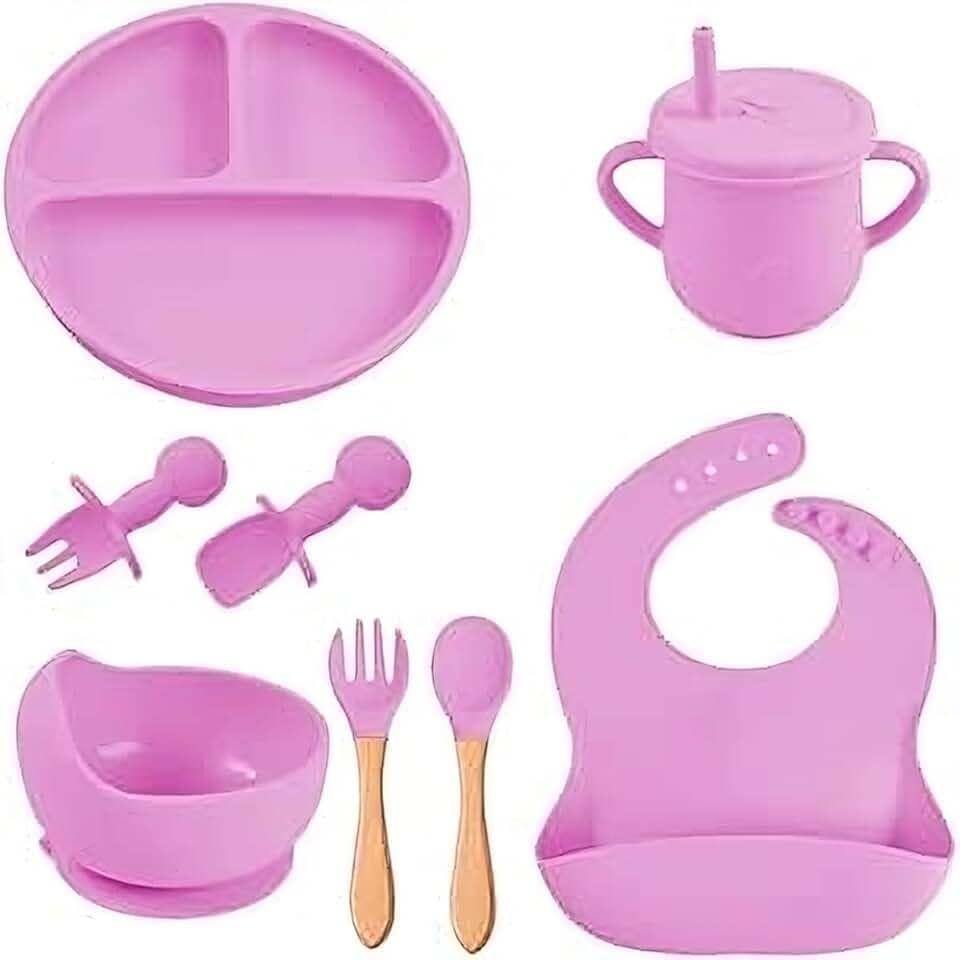 Kit Introdução Alimentar Bebe 8 Peças Silicone Iniciação Para Alimentos Livre de BPA Atóxico Antibacteriano Seguro Sem Pontas Colher, garfo, copinho, pote e pratinho Criança (Lilás)
