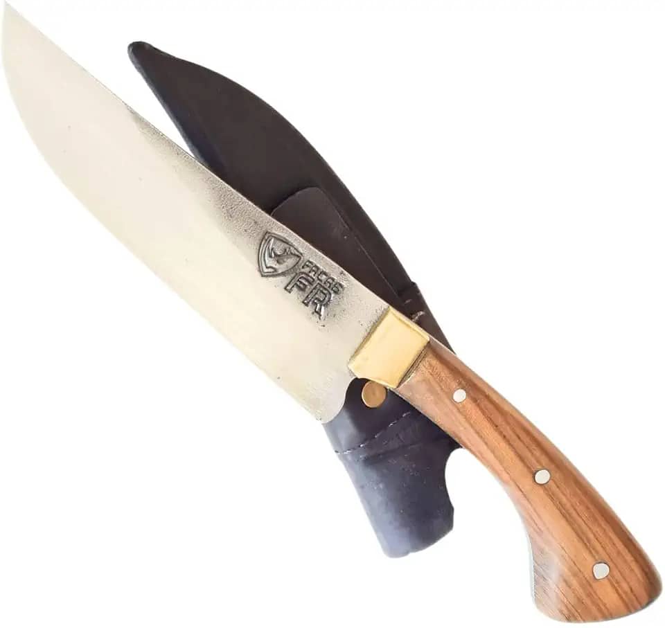 Faca Artesanal Brasileira, Aço Carbono, 6 Polegadas, Cabo Madeira Maciça, Lâmina 15cm, com Bainha em Couro
