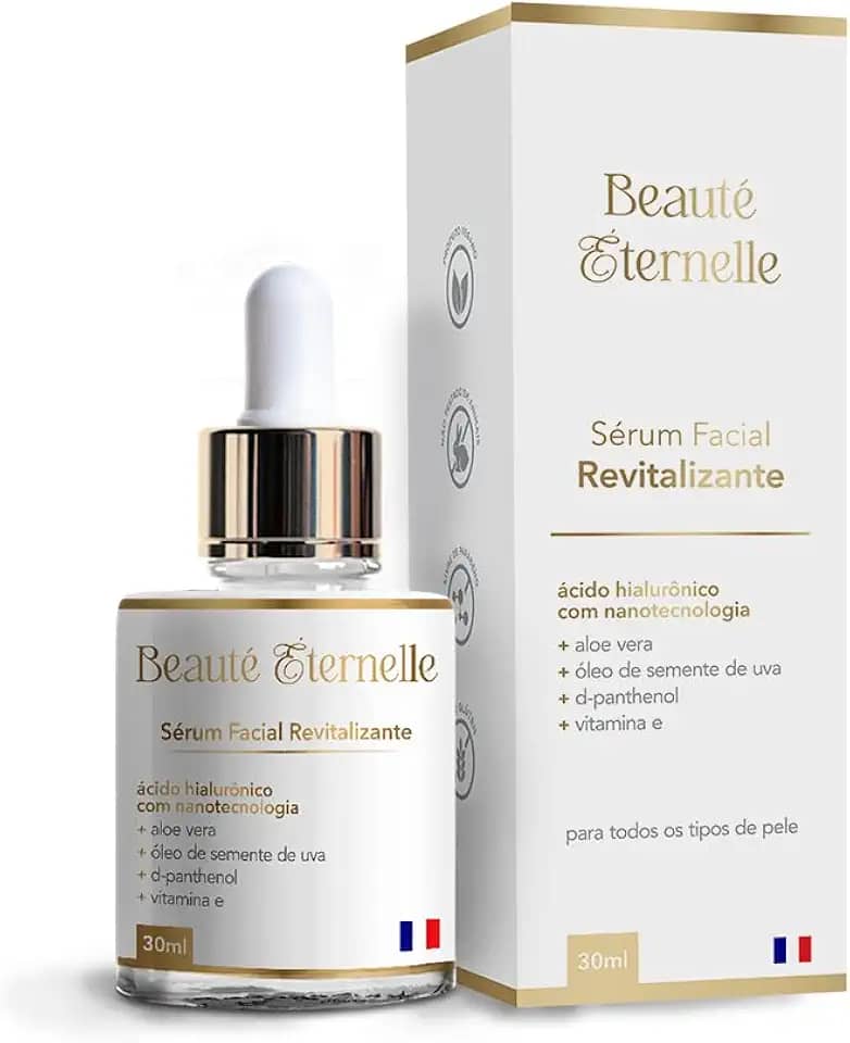 Sérum Facial Hidratante e Revitalizante Rejuvenescedor Beauté Éternelle 30 ml com Ácido Hialurônico (Aloe Vera, Óleo de Semente de Uva, D-panthenol, Vitamina E)