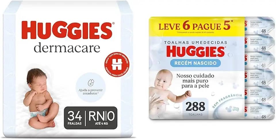Kit Huggies Premium Dermacare Tamanho RN - 34 Fraldas + Lenço Umedecido Pure Care L6P5-288 Lenços
