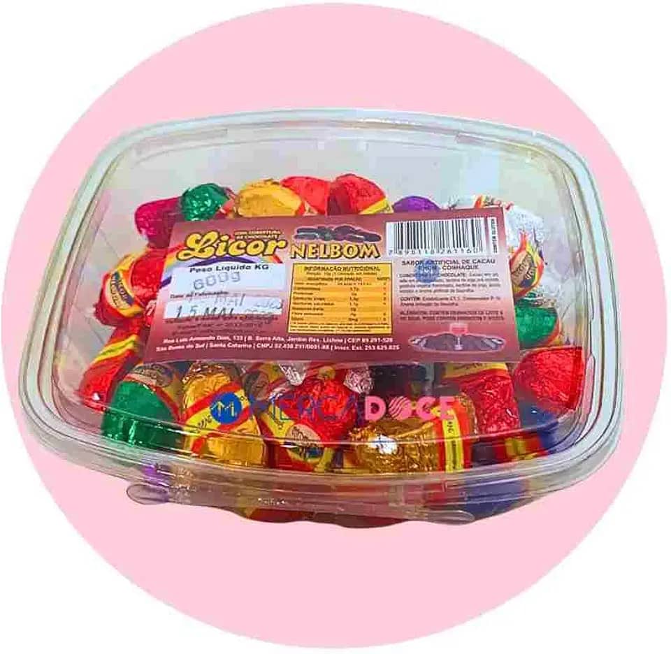 Bombom Licor Nelbom, 600g, Chocolate ao Leite Recheado com Sabores de Rum e Conhaque, em Pote