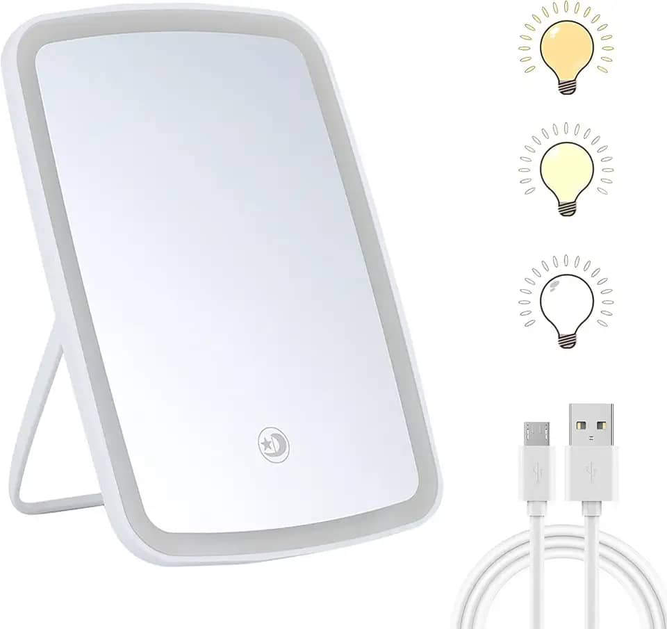 Espelho de Maquiagem Iluminado com Luz LED Natural, Toque Sensível + Controle De Brilho, Portátil para Viagem com Suporte em U Ajustável - Ideal para Penteadeira, Vestiário e Banheiro