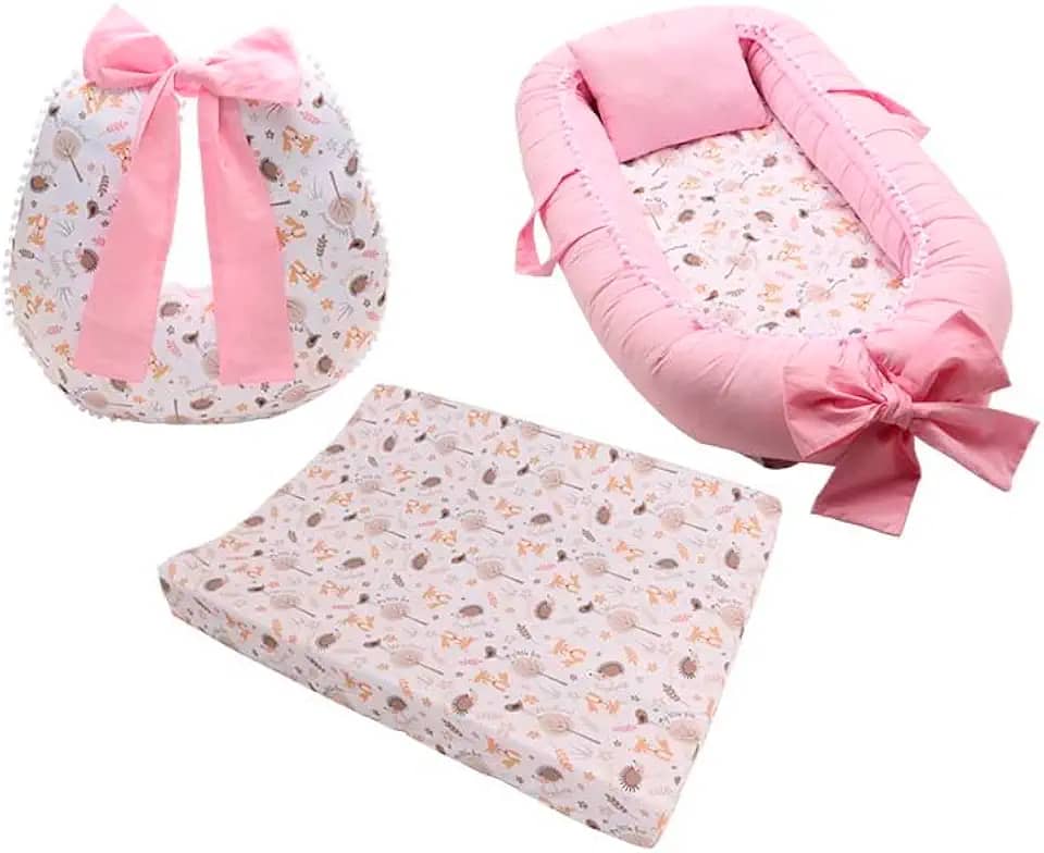 Kit Berço Bebê, Ninho Redutor, Almofada de Amamentação, Trocador, Menino e Menina (Fox)