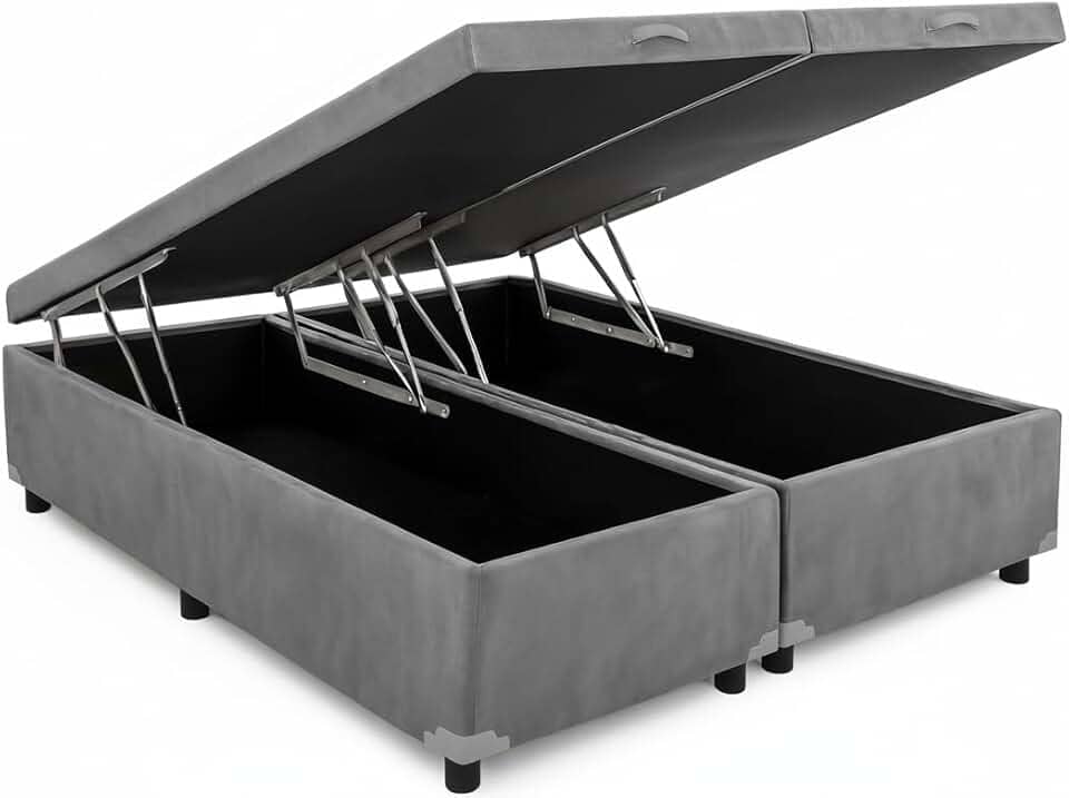 Cama Box Baú Queen Bipartido 79, Blindado, Pistão á Gás, Pés de Madeira (Suede, Cinza)