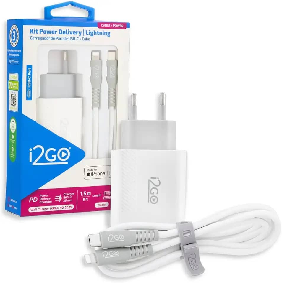 Kit Carregador de Parede Ultra Rápido com 1 Saída USB-C Power Delivery 20W + Cabo iPhone/Lightning + USB-C i2GO Certificado MFi 1,5m 3A Branco