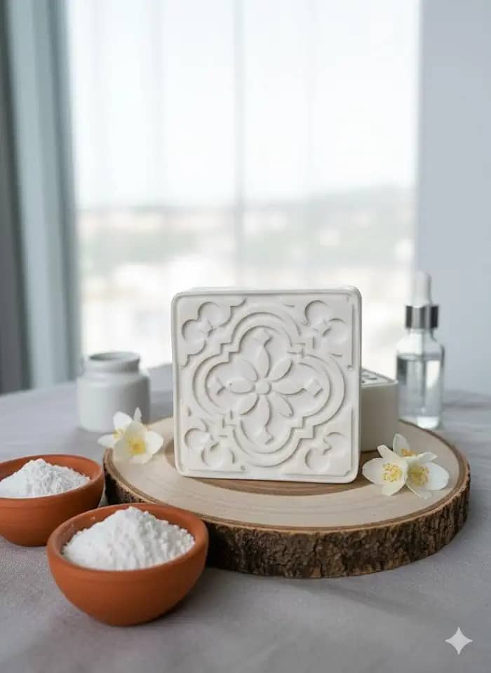 Sabonete artesanal Dolomita, Argila branca, Leite de arroz em pó. Contribui para uma pele com aspecto mais uniforme e revitalizado. 100 Gramas